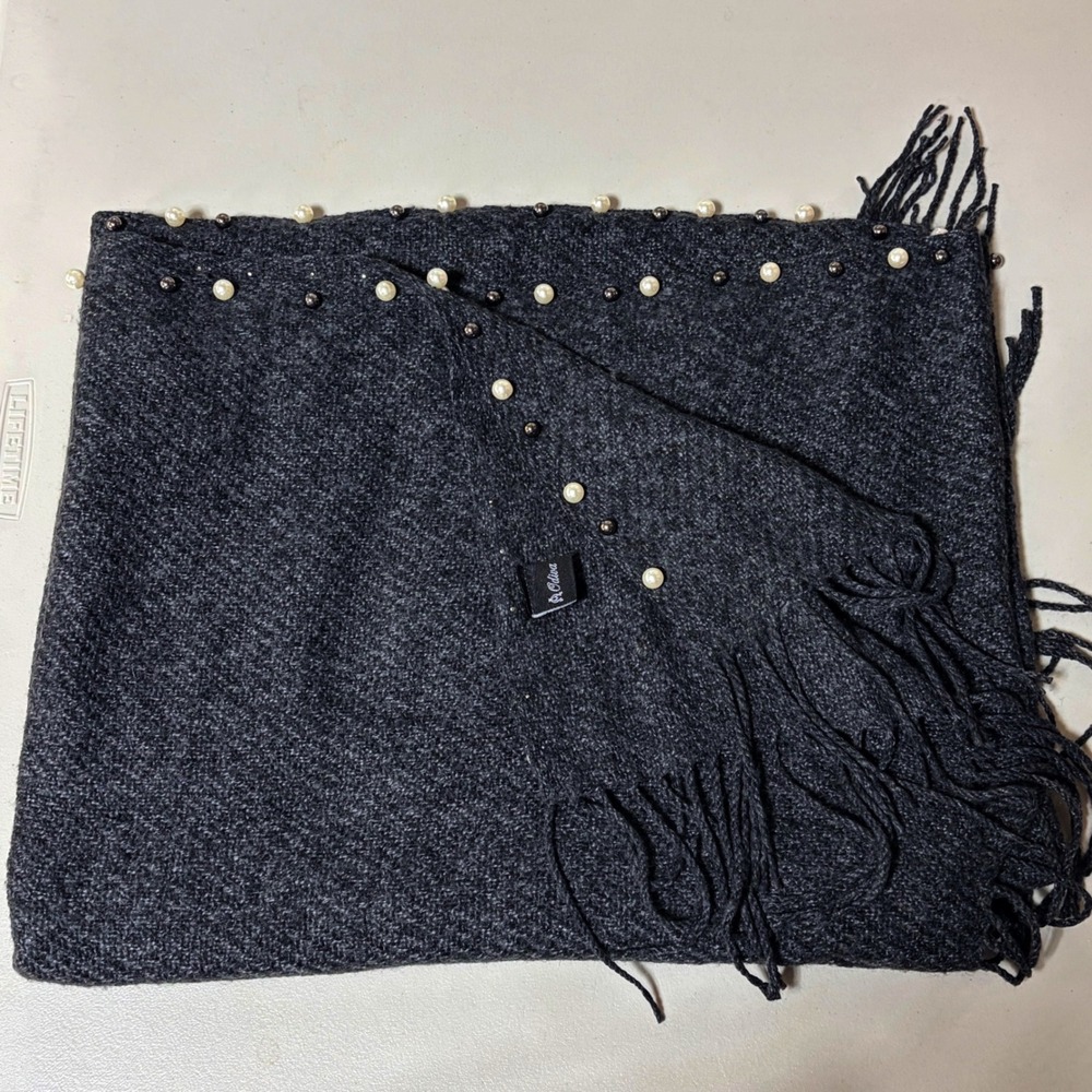 Odiva Scarf OS Charcoal Gray Pearl Beaded Fringe Knit‎ Shawl Wrap